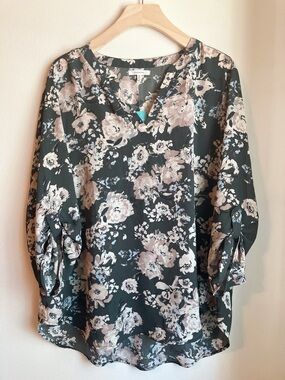 Maurices Floral V-Neck Pullover Chiffon Blouse - Dark Green with Blush